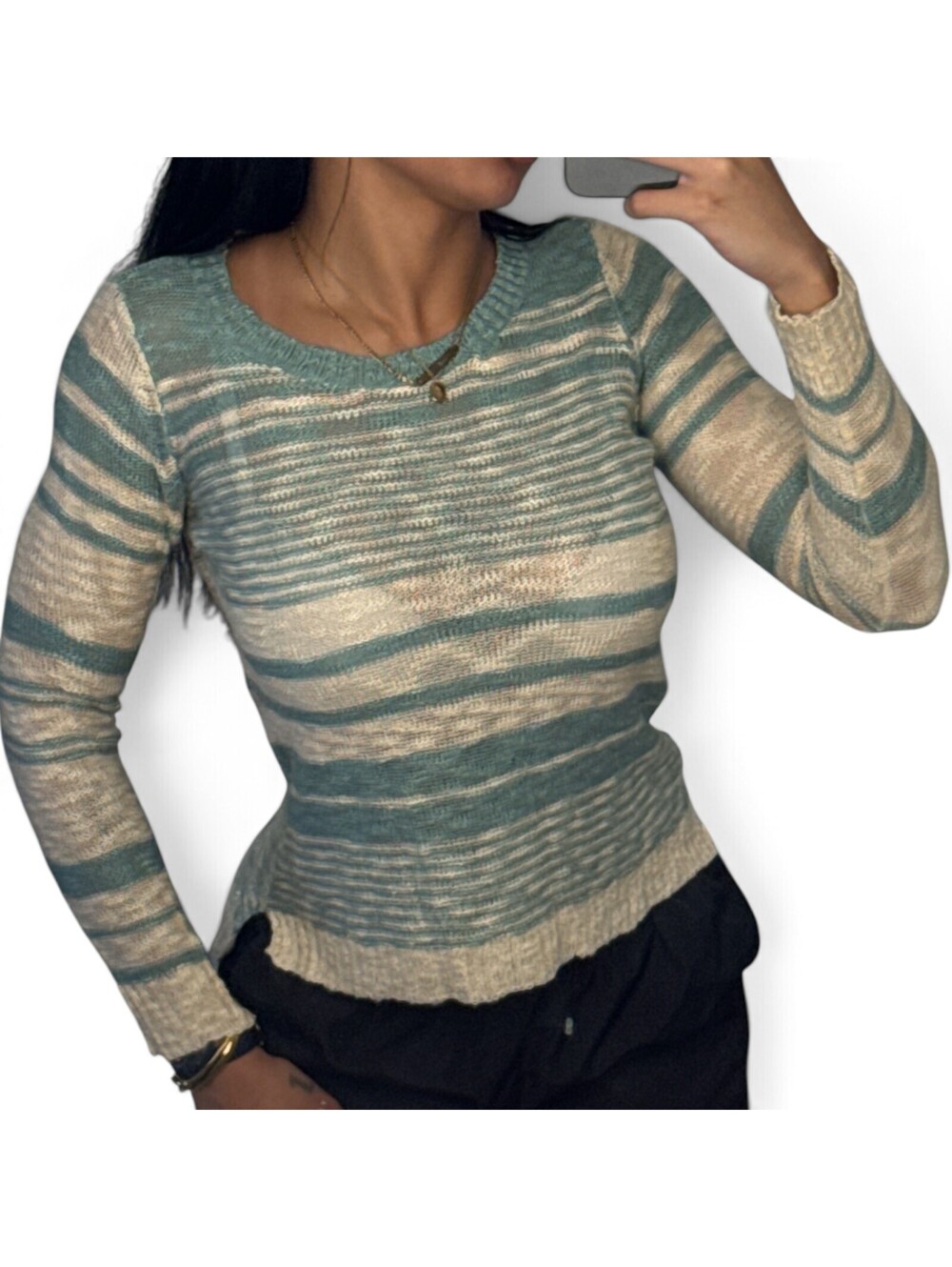 Pink Rose Teal Cream Striped V-Neck Knit Sweater